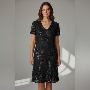 Stenay Vintage 80s Black Silk Beaded Sequin Midi Dress Cocktail Party Glam Lux